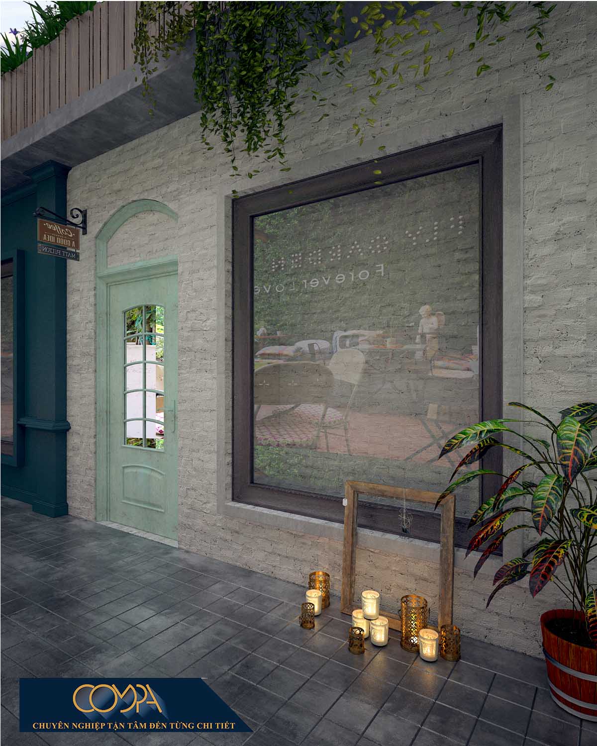 Hình thiết kế bên ngoài phòng studio của quán cafe sân vườn đẹp lung linh view 2 Hình thiết kế bên ngoài phòng studio của quán cafe sân vườn đẹp lung linh