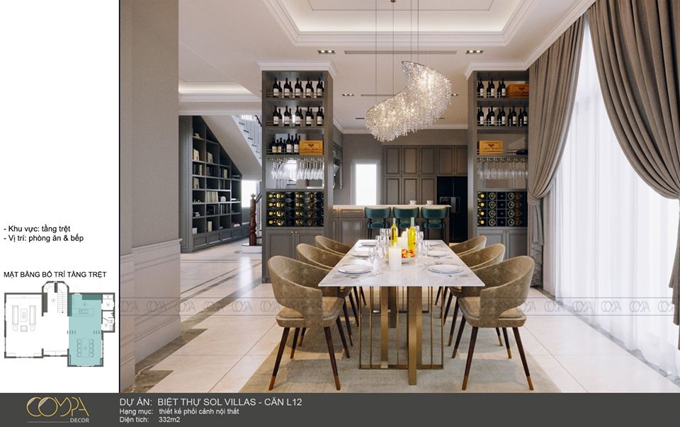 Phòng bếp hoàng gia với bộ bàn ăn tân cổ điển